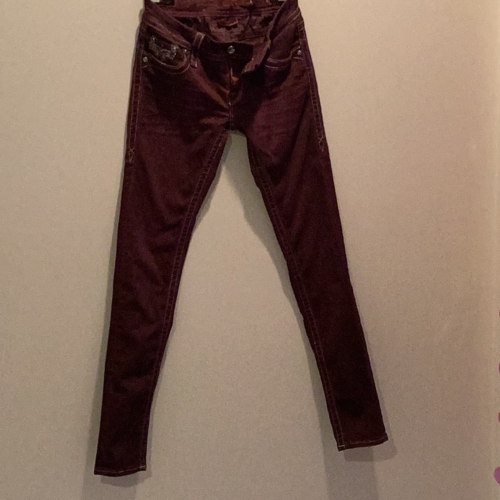 Stylish Rock Revival Burgundy Skinny Jeans